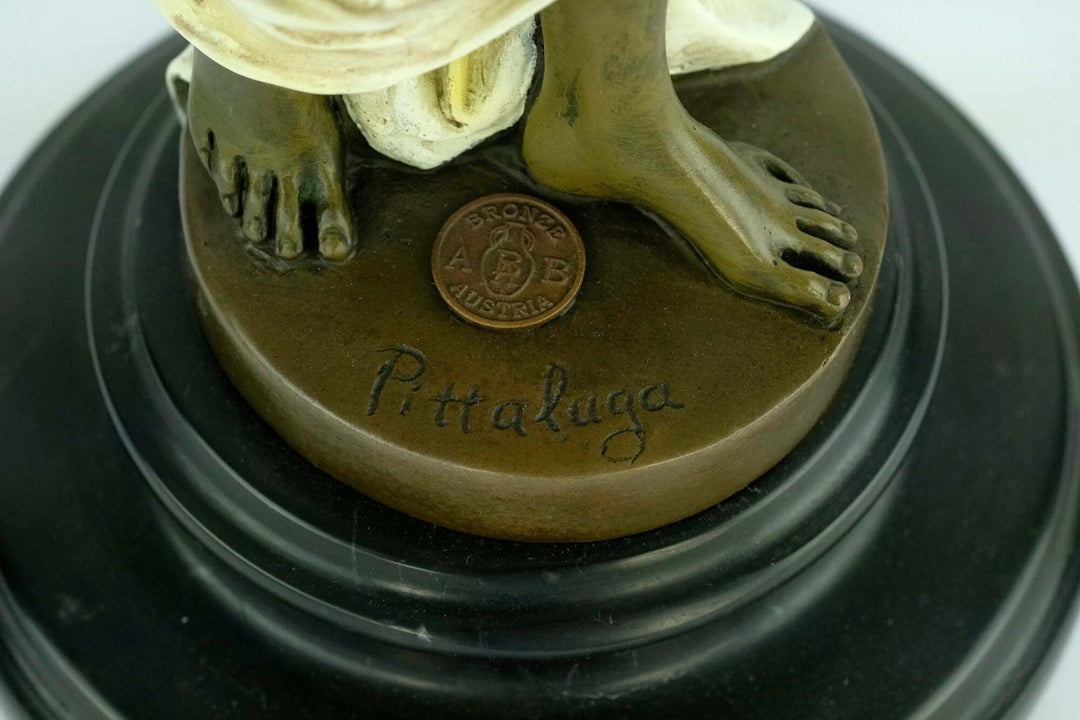 Bronze sculpture base with signature and foundry stamp of Italian artist Pittaluga, showcasing exquisite craftsmanship.