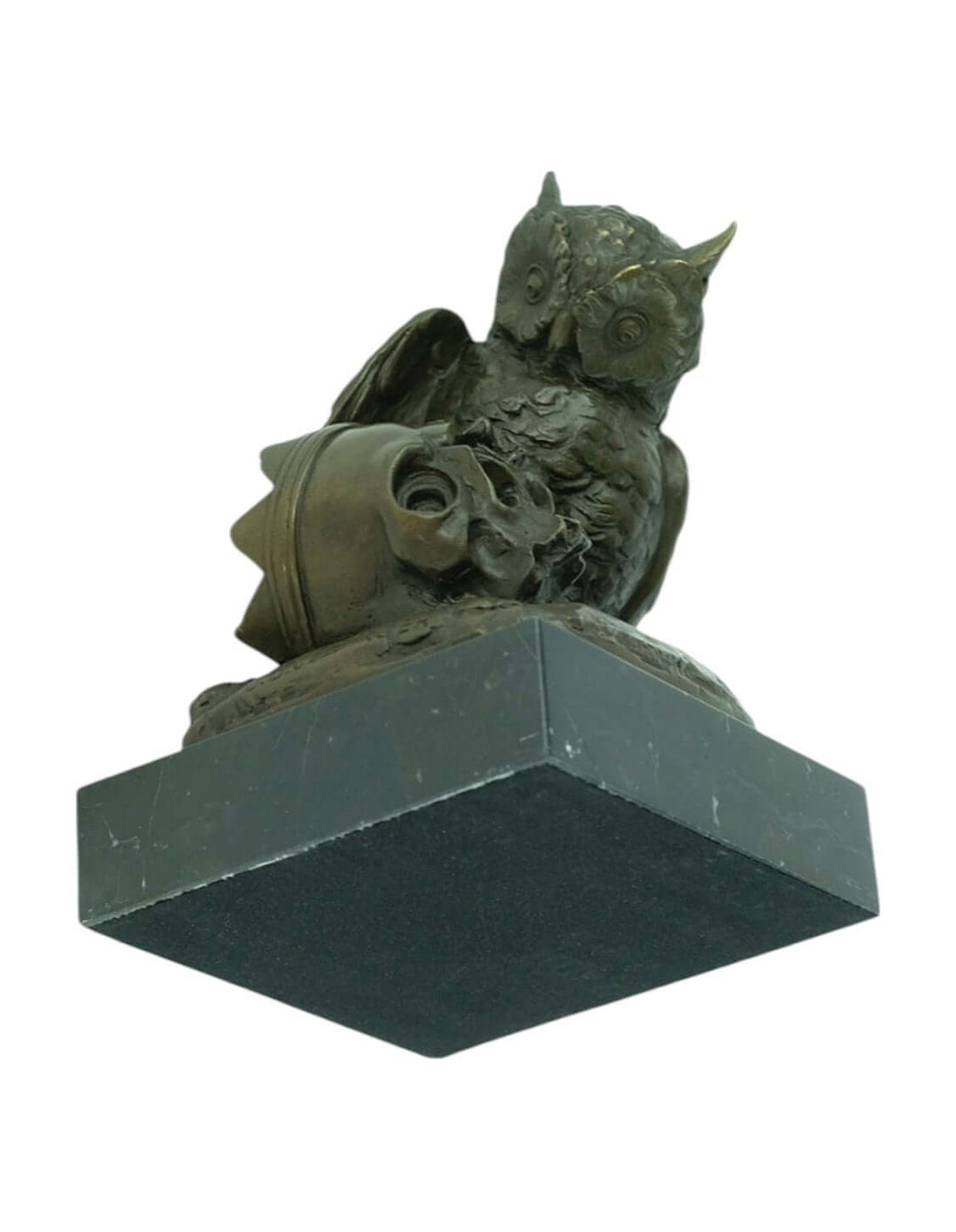 Bronze owl sculpture beside a crowned skull, detailed art piece on a marble base, by J.B. Clesinger.