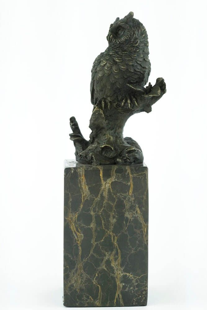 Bronze owl sculpture on a marble base, intricately detailed, 27 cm tall collectible art piece.