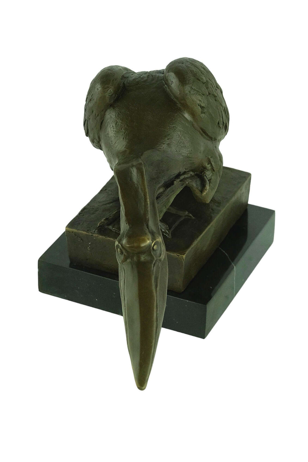 Bronze pelican sculpture seeking fish on marble base, signed by Milo, 24x40cm, warm brown patina, decorative art.