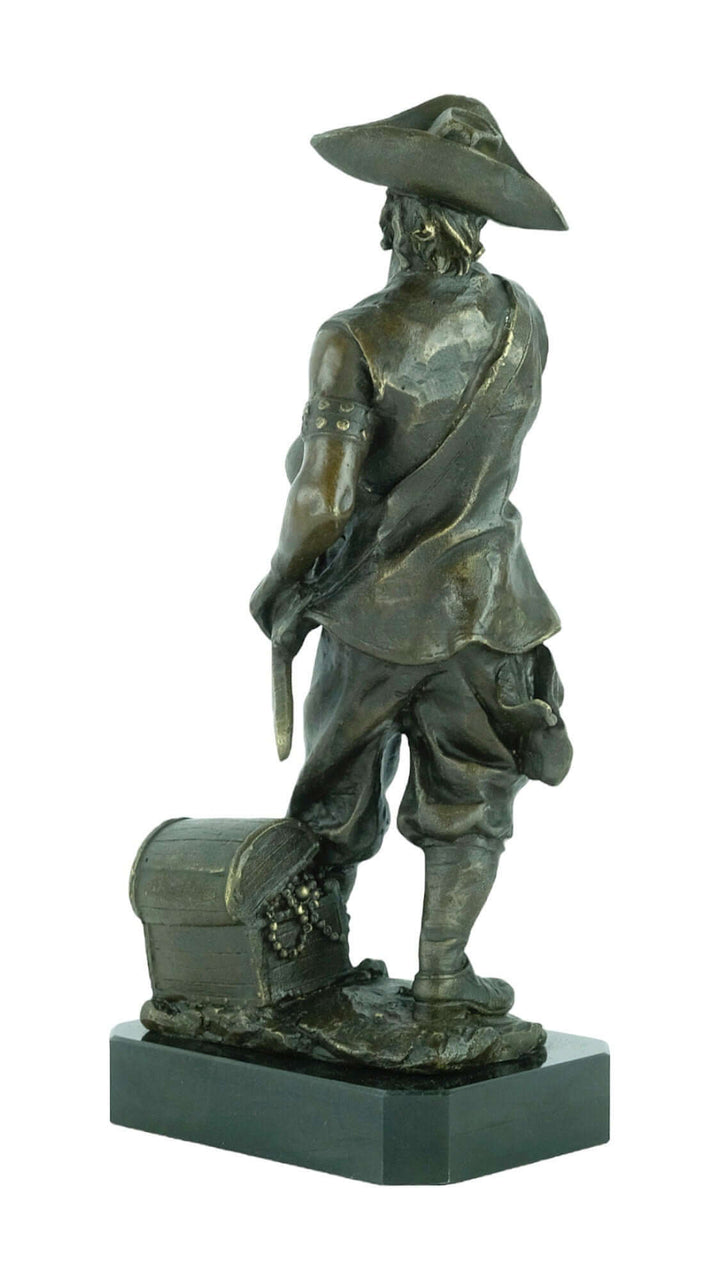 Bronze pirate sculpture with sword and treasure chest, mounted on marble base, 32 x 15 cm.