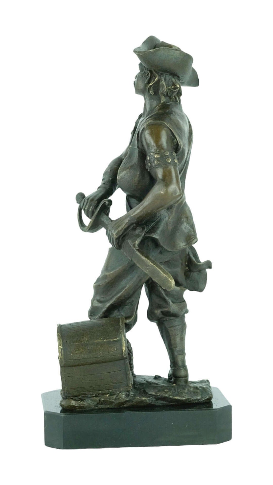 Bronze sculpture of a pirate holding a sword and treasure chest, detailed art piece on a marble base.