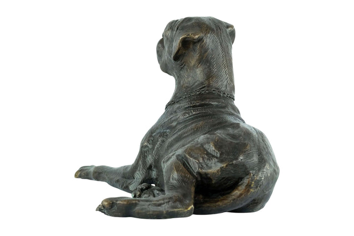 Bronze sculpture of a reclining boxer dog, detailed design, suitable for indoor and outdoor display.