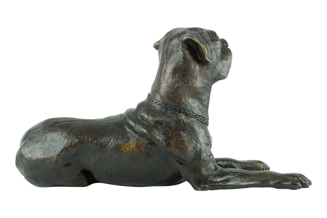 Bronze sculpture of a reclining boxer dog, beautifully detailed, perfect for indoor or outdoor display.