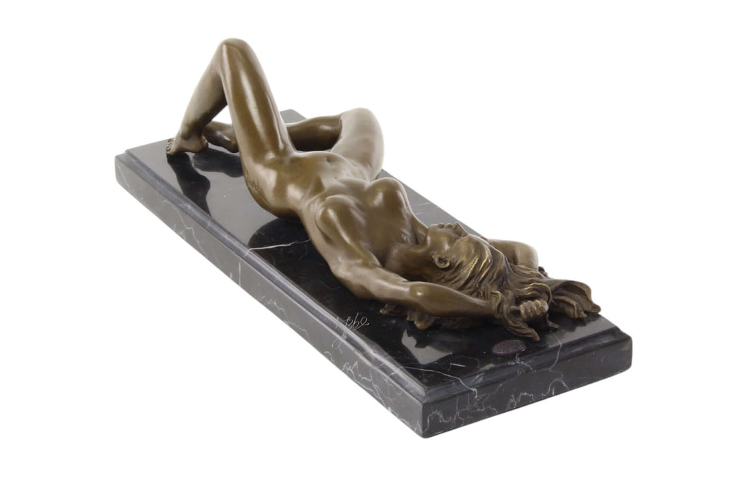 Bronze sculpture of a reclining female nude with wavy hair on a marble base, 10 x 11 x 29 cm, brown patina.