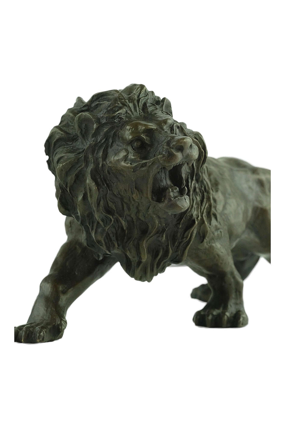 Bronze sculpture of a roaring lion by Charles Valton, showcasing realistic detail and dynamic pose.