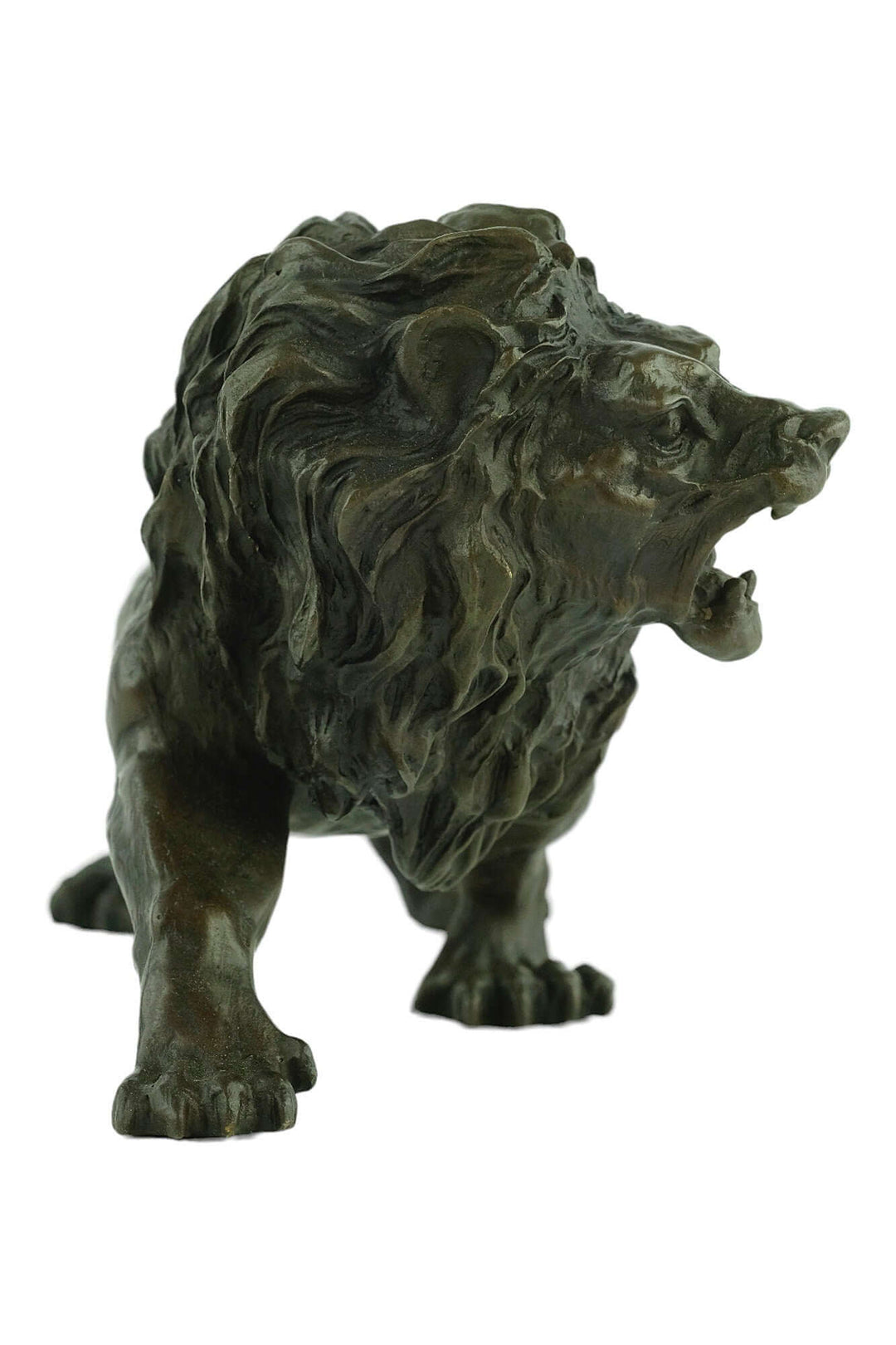 Bronze sculpture of a roaring lion by Charles Valton, showcasing detail and majesty in a walking pose.