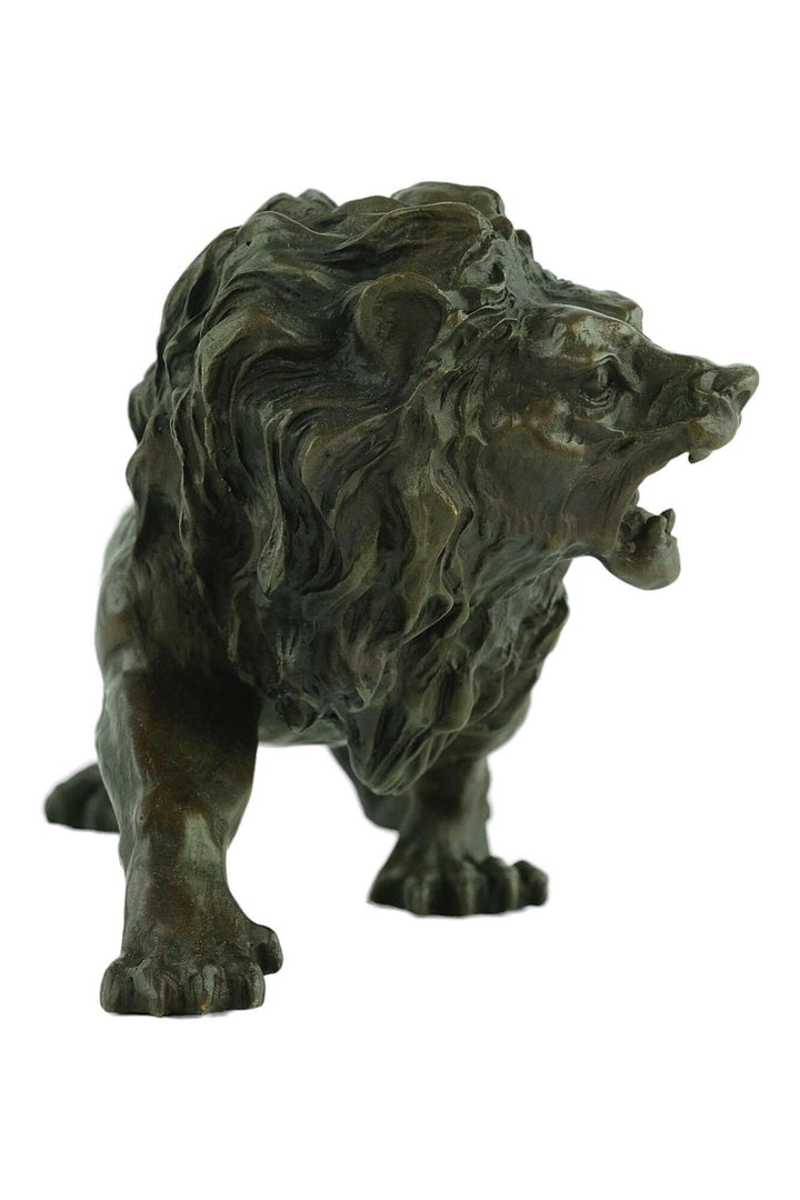 Bronze sculpture of a roaring lion by Charles Valton, showcasing detail and majesty in a walking pose.