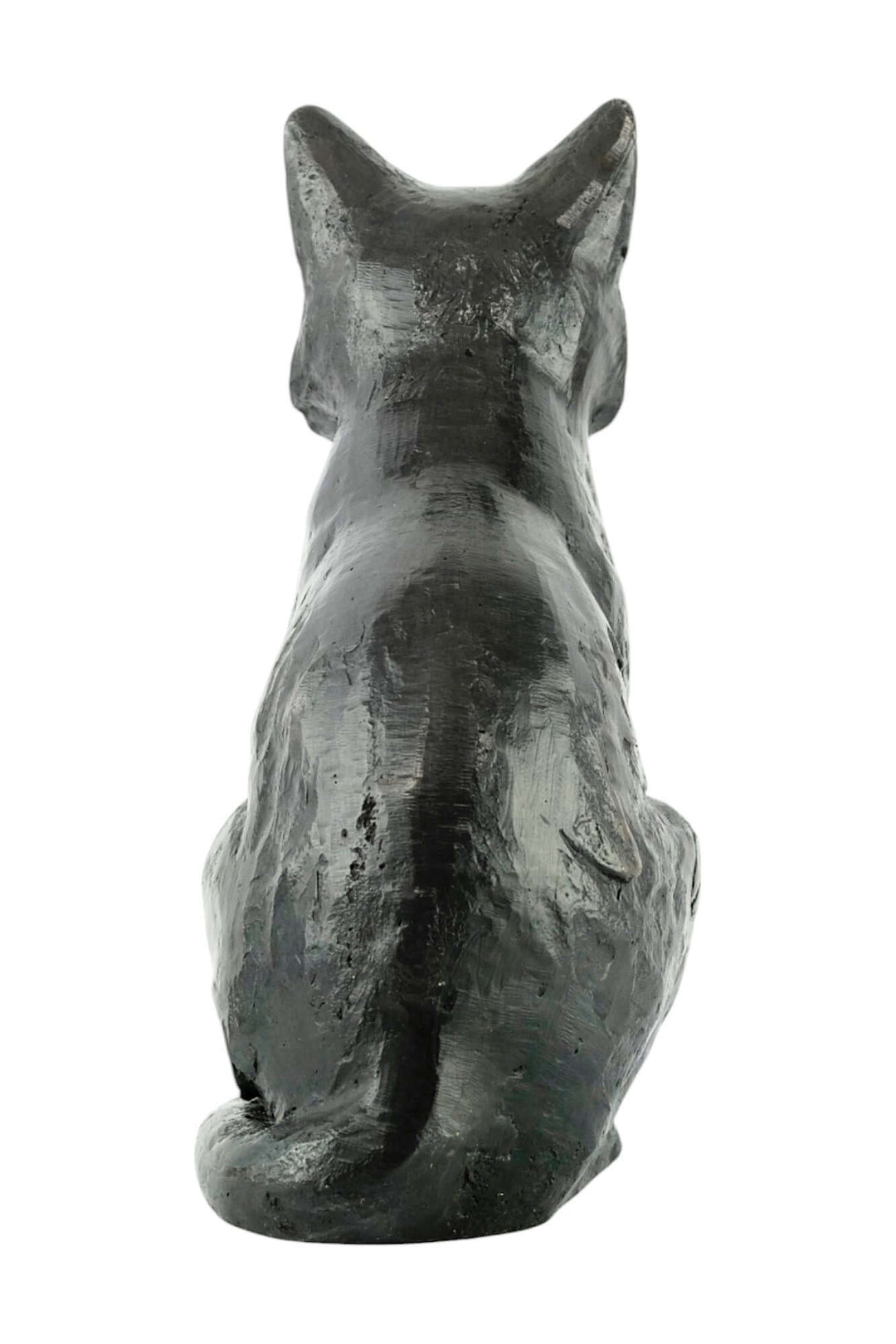 Back view of a bronze sculpture of a sitting cat, ideal for indoor or outdoor decor, crafted from quality bronze.