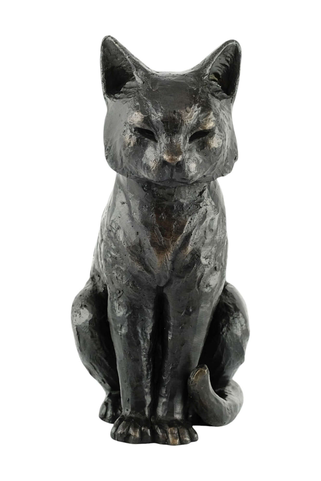 Bronze sculpture of a sitting cat, perfect for indoor and outdoor display, measuring 27 x 21 cm.