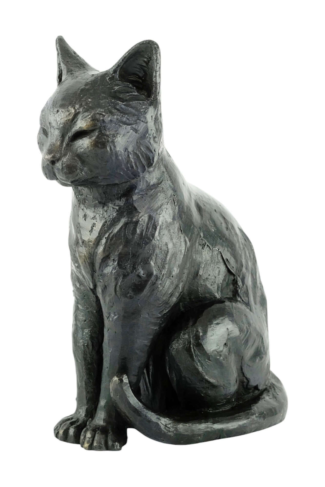 Bronze sculpture of a sitting cat, perfect for indoor and outdoor display. Dimensions: 27x21 cm.