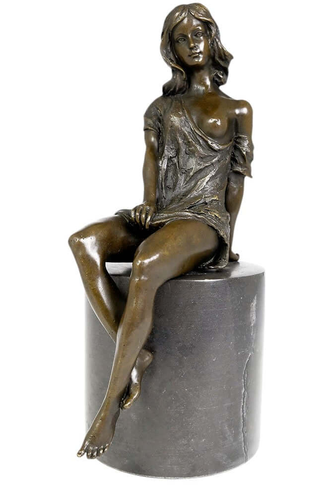 Bronze sculpture of a sitting young female in a flimsy dress on a round marble base, 27 cm tall.