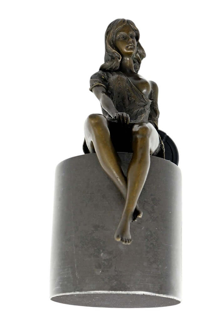 Bronze sculpture of a sitting female in a flimsy dress, mounted on a marble base, 27 x 17 cm.