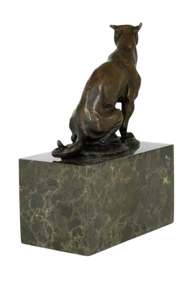 Bronze sculpture of a sitting panther by Louis-Albert Carvin, mounted on a marble base, realistic design.