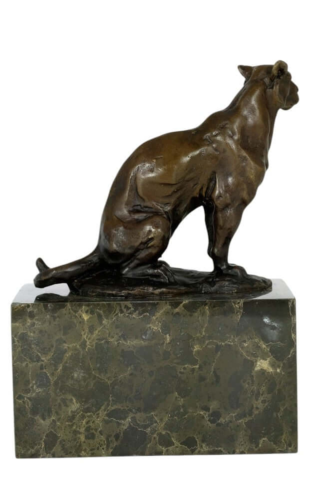 Bronze sculpture of a sitting panther by Louis-Albert Carvin on a marble base, 18 x 13 cm, 2.3 kg.