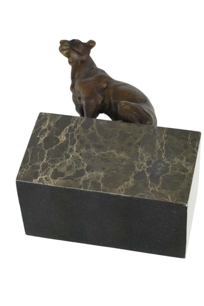 Bronze sculpture of a sitting panther on a marble base, resembling Louis-Albert Carvin's realistic animal art.