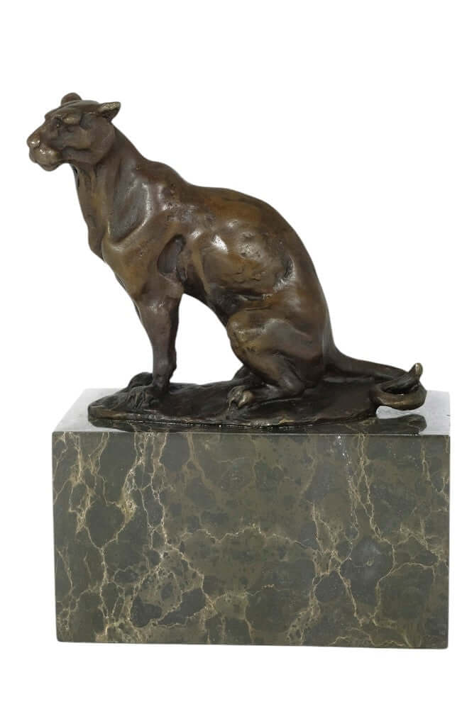 Bronze sculpture of a sitting panther by Louis-Albert Carvin mounted on marble, 18 x 13 cm.