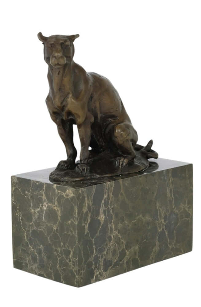 Bronze sculpture of a sitting panther by Louis-Albert Carvin, mounted on a marble base, 18x13 cm.