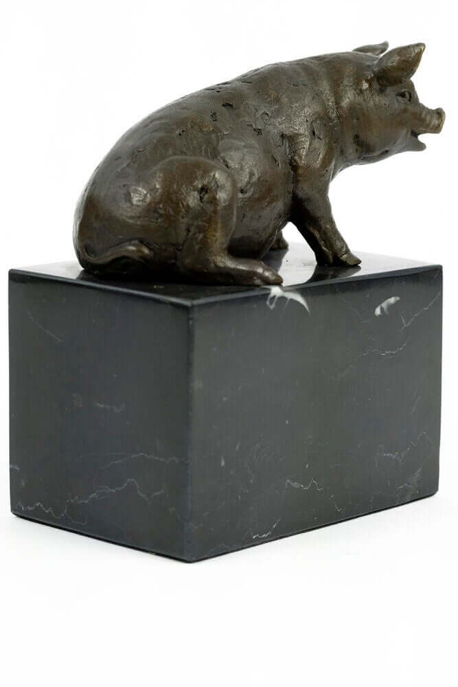 Bronze sculpture of a sitting pig on a marble base, featuring intricate details and a joyful expression, signed 'Milo'.
