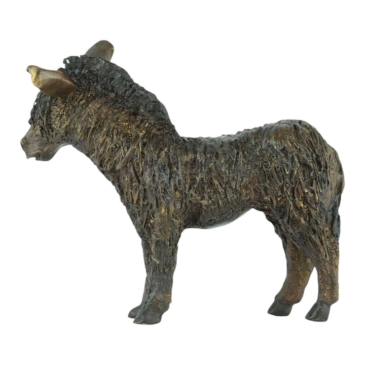 Bronze sculpture of a standing donkey with tousled coat; perfect decor for home or garden.