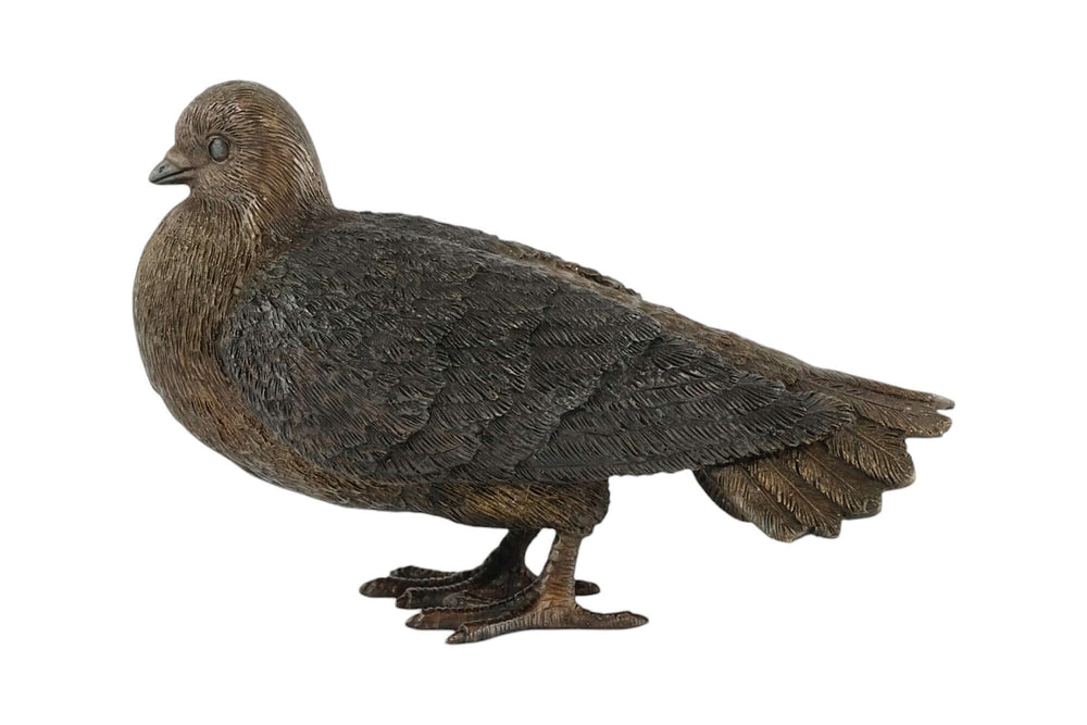 Detailed bronze sculpture of a standing pigeon, featuring a brown patina, perfect for garden or home decor.