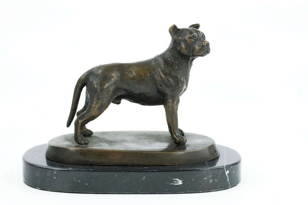 Bronze sculpture of a standing Staffordshire Bull Terrier on a marble base, perfect for dog lovers. Size: 14x20 cm.