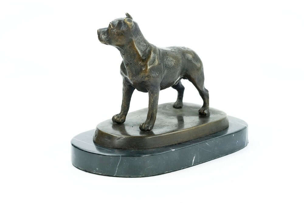 Bronze sculpture of a standing Staffordshire Bull Terrier dog on a marble base, a perfect collectible for dog lovers.