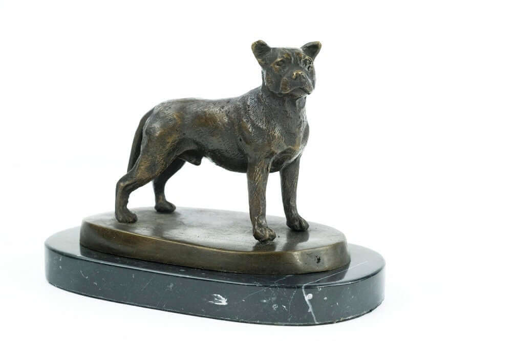 Bronze sculpture of a standing Staffordshire Bull Terrier dog on a marble base, ideal for dog lovers.