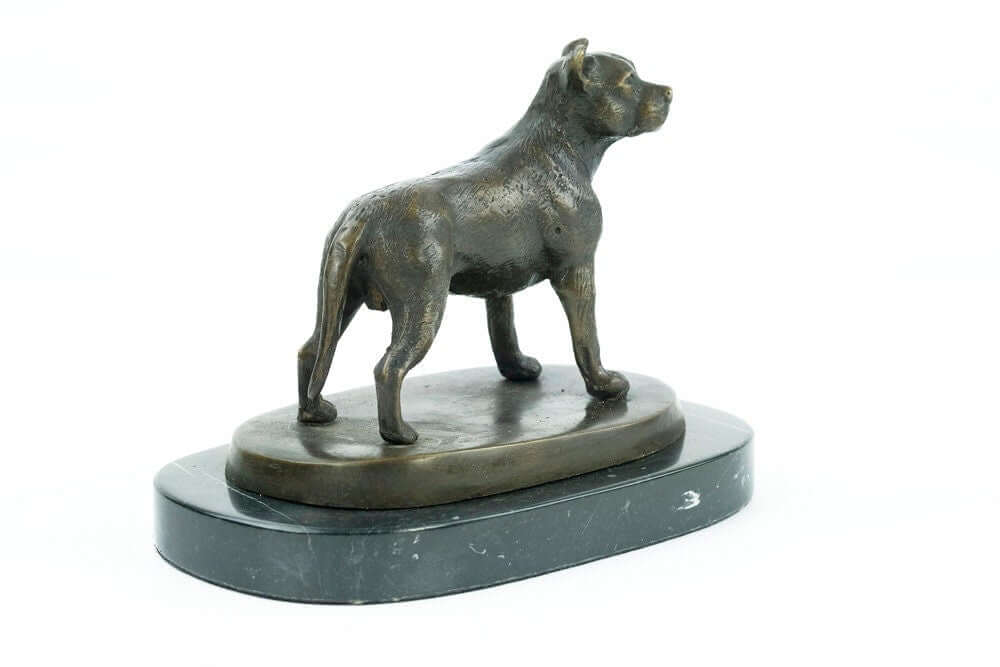 Bronze sculpture of a standing Staffordshire Bull Terrier on a marble base, 14 x 20 cm collectible dog figurine.
