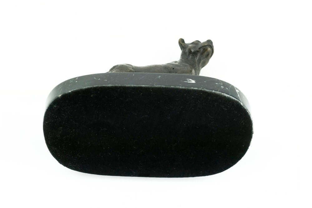 Underside view of a bronze Staffordshire bull terrier sculpture on a marble base, ideal for dog lovers.