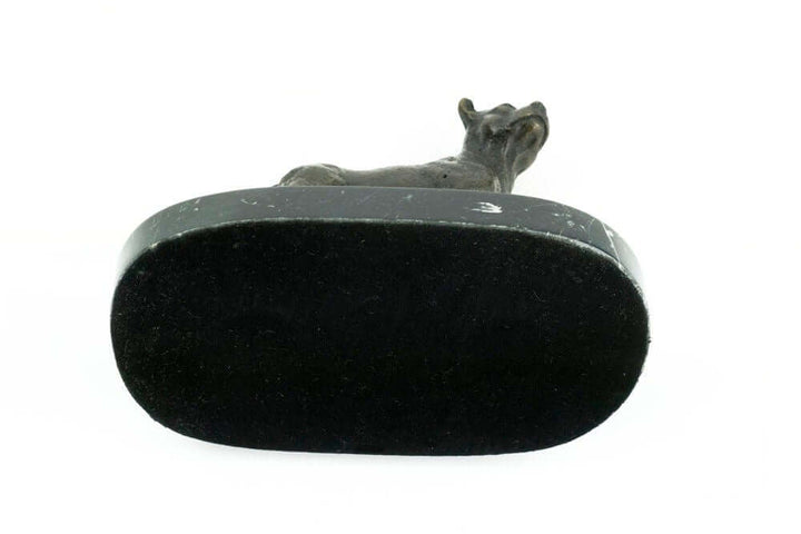 Underside view of a bronze Staffordshire bull terrier sculpture on a marble base, ideal for dog lovers.