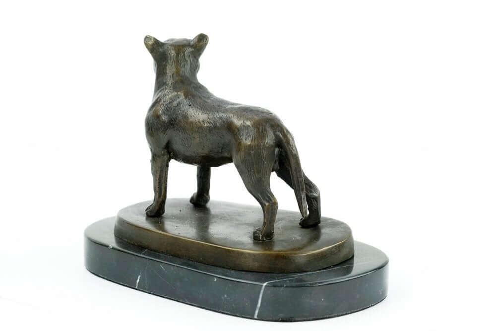 Bronze sculpture of a standing Staffordshire Bull Terrier dog on a marble base, showcasing quality craftsmanship.