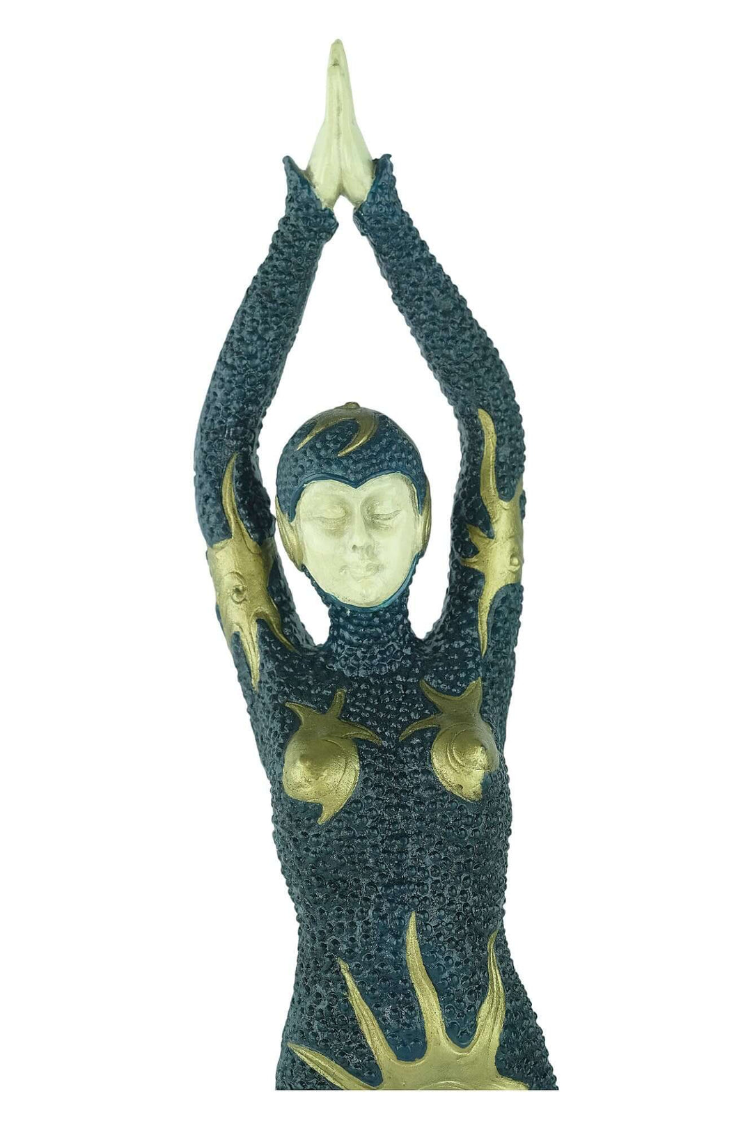 Art Deco bronze sculpture of egyptian dancer with starfish decorations in a graceful pose.
