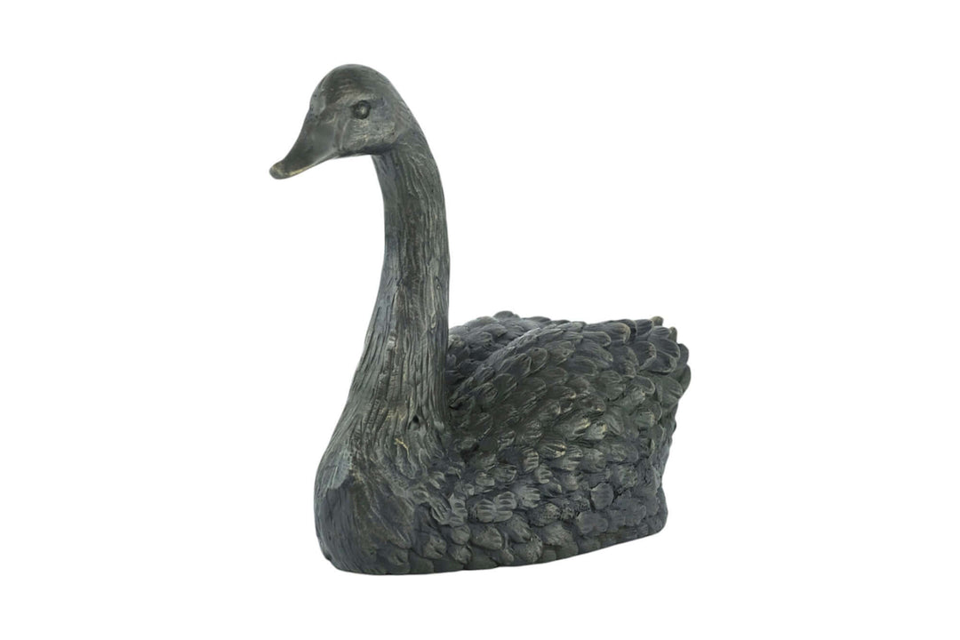 Bronze sculpture of a graceful swimming swan, detailed with brown patina, suitable for indoor and outdoor display.