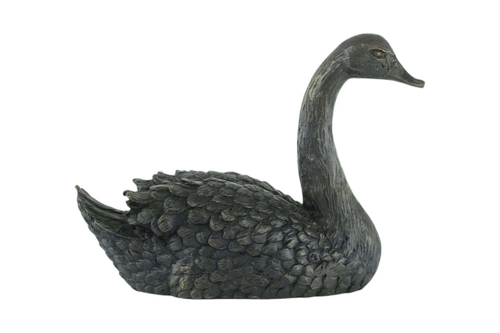Bronze sculpture of a graceful swimming swan, detailed design with brown patina finish, indoor or outdoor decor.