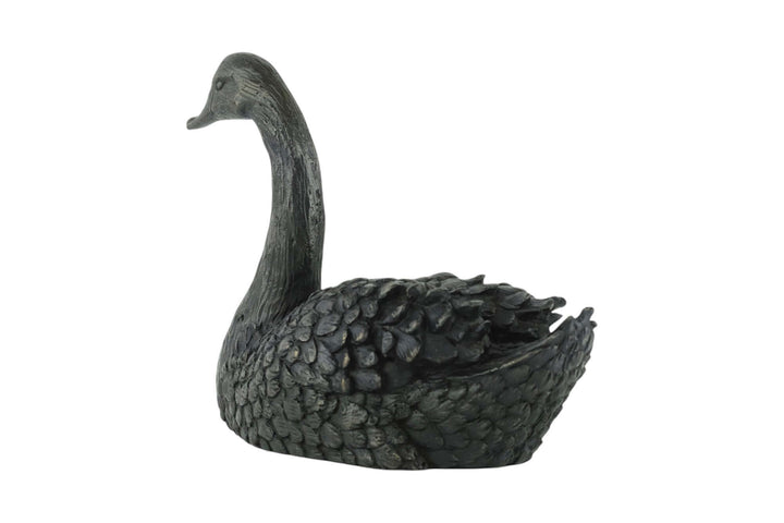 Bronze sculpture of a swimming swan, detailed design, brown patina, suitable for indoor and outdoor display.