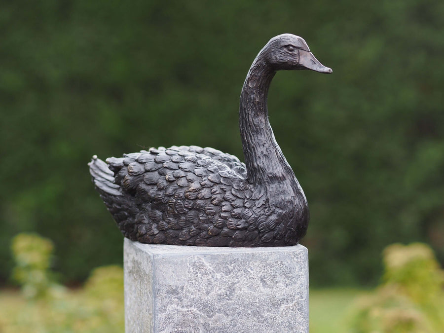 Bronze sculpture of a swimming swan, detailed design, brown patina, 22 x 16 cm, suitable for indoor and outdoor display.