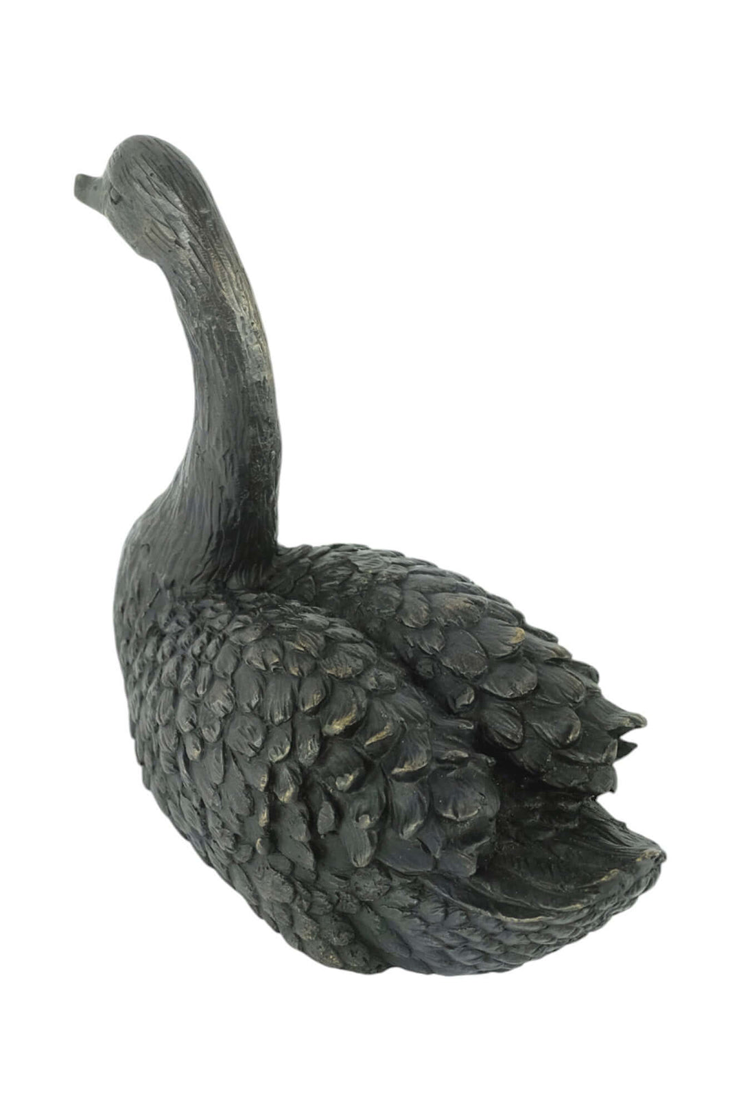 Bronze sculpture of a graceful swimming swan with detailed feathers, perfect for indoor or outdoor display.