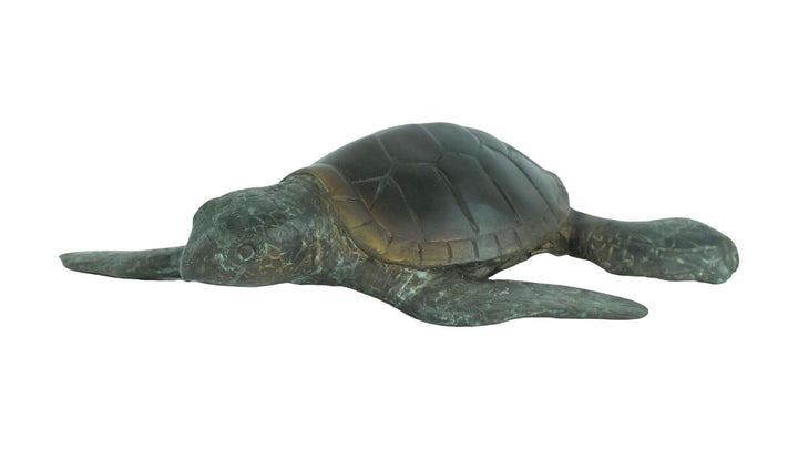 Bronze sculpture of a swimming turtle with a detailed design and multi-coloured patina, 6 x 24 x 22 cm.