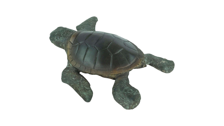 Bronze sculpture of a swimming turtle with multi-coloured patina, measuring 6x24x22 cm.