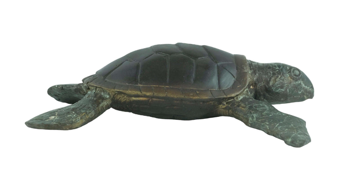 Bronze sculpture of a swimming turtle with multi-colored patina, decorative animal art, dimensions 6x24x22 cm.