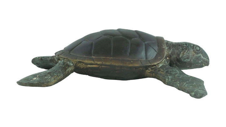 Bronze sculpture of a swimming turtle with multi-colored patina, decorative animal art, dimensions 6x24x22 cm.