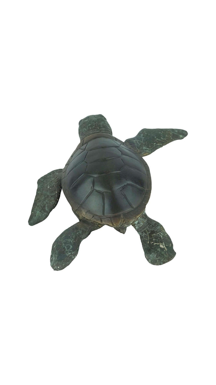 Bronze sculpture of a swimming turtle with detailed design and multi-coloured patina, dimensions 6x24x22 cm.