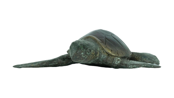 Bronze sculpture of a swimming turtle with multi-coloured patina, 6 x 24 x 22 cm, art decor piece.
