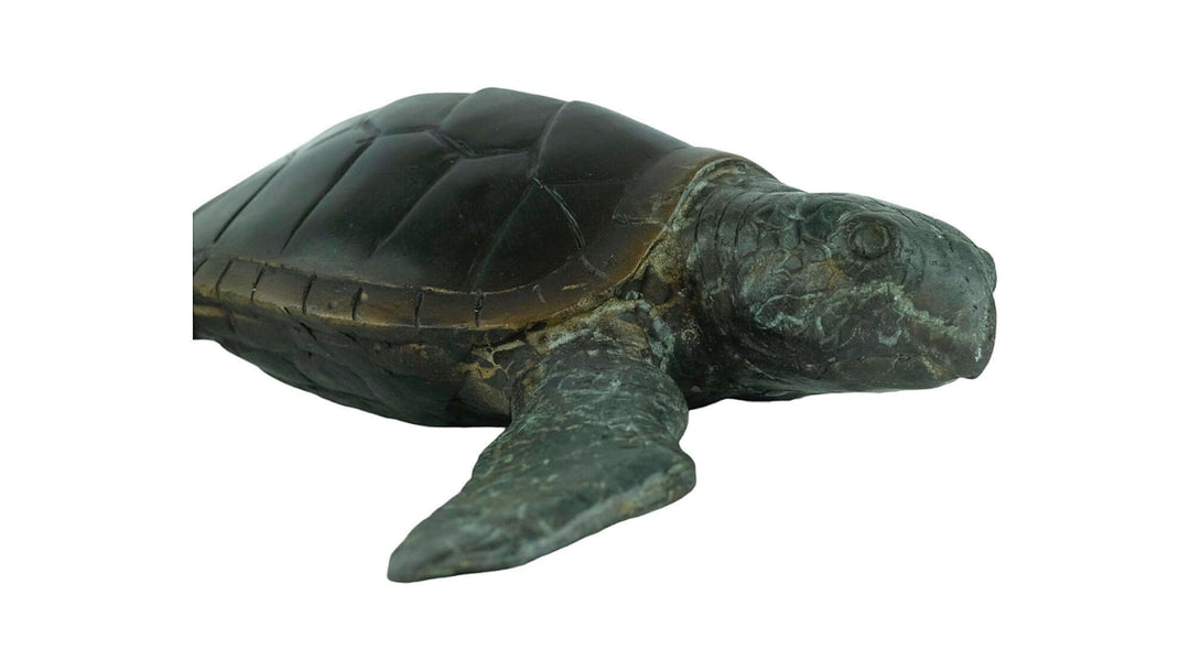 Bronze sculpture of a swimming turtle featuring a multi-coloured patina, measuring 24 cm in length.