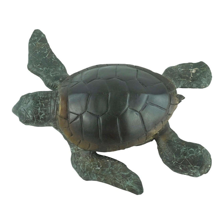 Bronze sculpture of a swimming turtle with detailed design and multi-colored patina, measuring 6 x 24 x 22 cm.