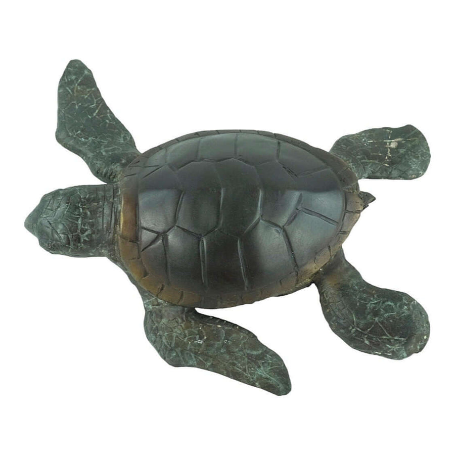 Bronze sculpture of a swimming turtle with detailed design and multi-colored patina, measuring 6 x 24 x 22 cm.