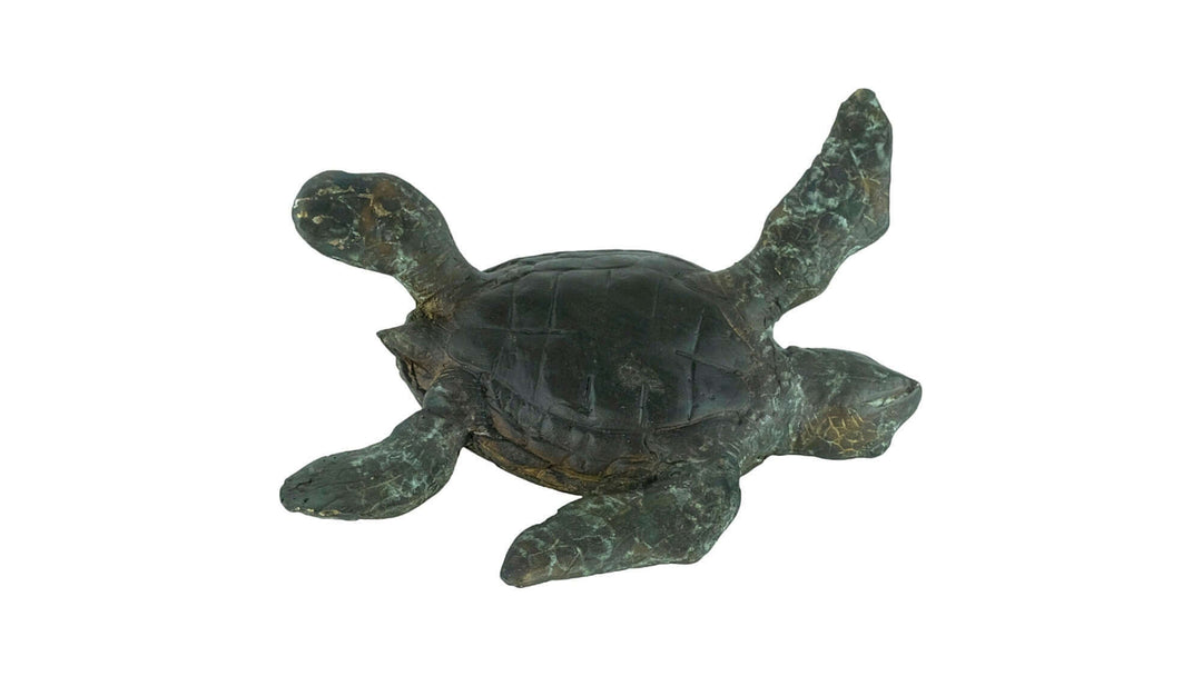 Bronze sculpture of a swimming turtle with multi-coloured patina, true-to-nature design, decorative art piece.