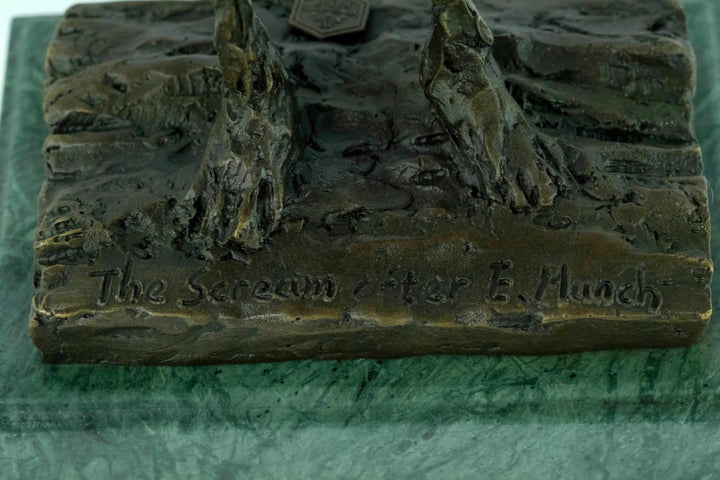 Bronze sculpture base featuring 'The Scream' after Edvard Munch, highlighting intricate details and artistry.