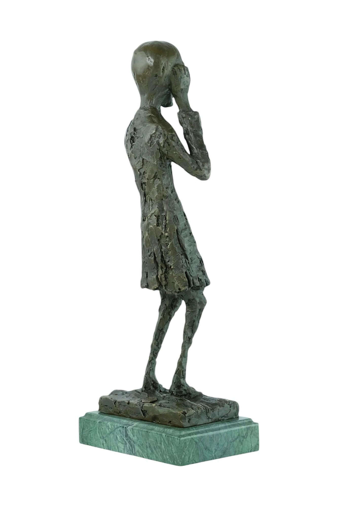 Bronze sculpture inspired by Edvard Munch's 'The Scream', showcasing a contemplative figure on a green base.